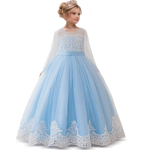 miqiaikids Flower Bridesmaid Girls Princess Dresses Long Sleeve Party Dress Tulle Gown,Sizes 5-14Y