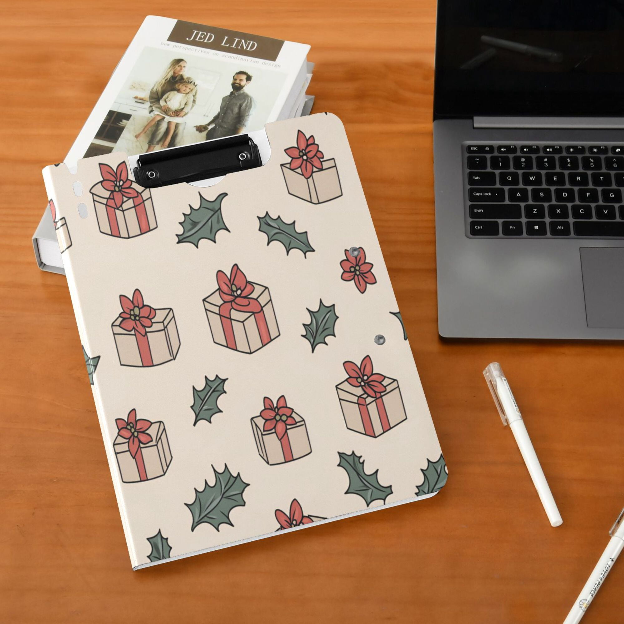 FORMRS A4 Clipboard Folder with Pen Holder Horizontal Foldable School Office Binder, Beige Christmas Gift Pattern