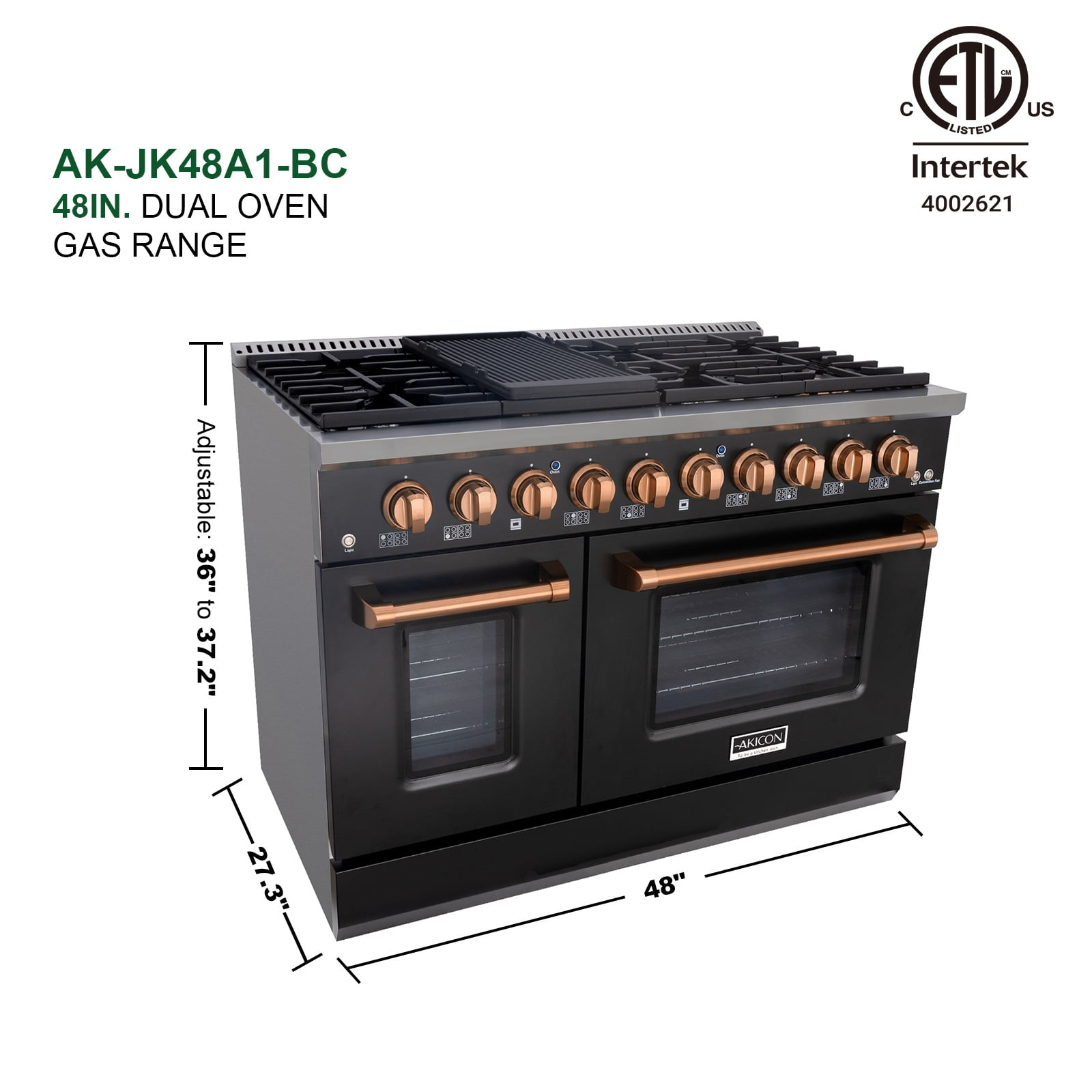 Akicon 48" Slide-in Freestanding Professional Style Gas Range with 6.7 cu. ft. Oven, 8 Burners, Convection Fan, Cast Iron Grates, & Blue Porcelain Oven Interior, Black with Copper