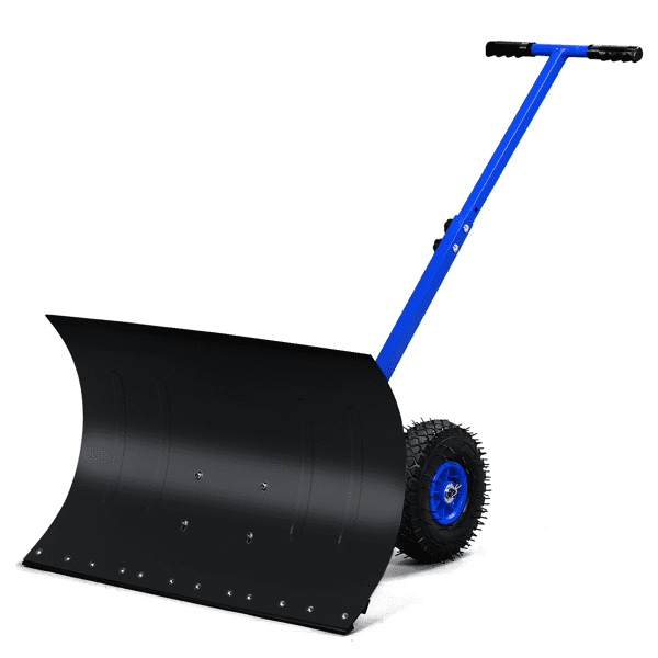 Adjustable Snow Plow with Inflatable Wheels, T-Handle Human-Powered Manual Snow Shovel for Driveways & Sidewalks, Iron Blade Snow Removal Tool, Blue & Black