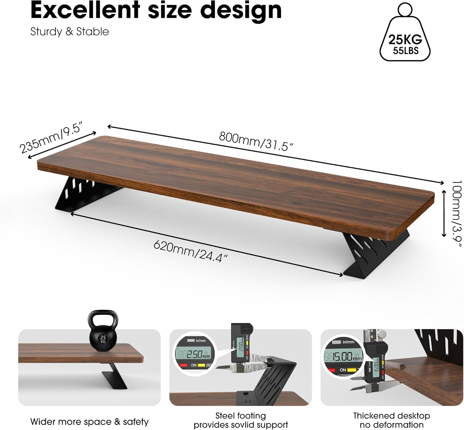 Wood and Steel Dual Monitor Stand Riser for Desktop, Laptop, PC, and Printer