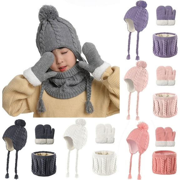 2-5 Years Kids Winter Hat Warm Knit Thick Ski Cap with Scarf Gloves Set for Girls Boys