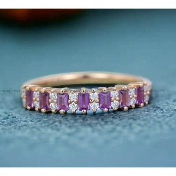 Amethyst wedding band women unique Half Eternity wedding band diamond stacking wedding band Bridal anniversary gift