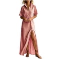 thumbnail image 5 of Women's Maxi Dress, Casual V-Neck Short Sleeve Striped Print with Side Split, Lightweight Flowy Dress for Summer Beach or Resort Wear, 2026 New Limited-time Offer, 5 of 6