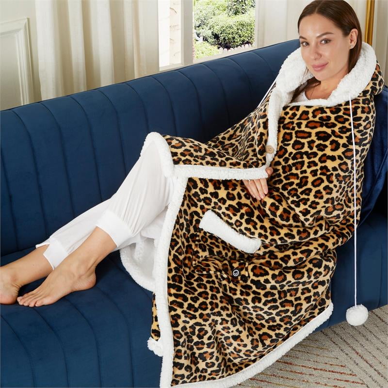 Posh Living Milana Sherpa Polyester Extra Soft Throw Blanket with Hoodie Leopard 50x70