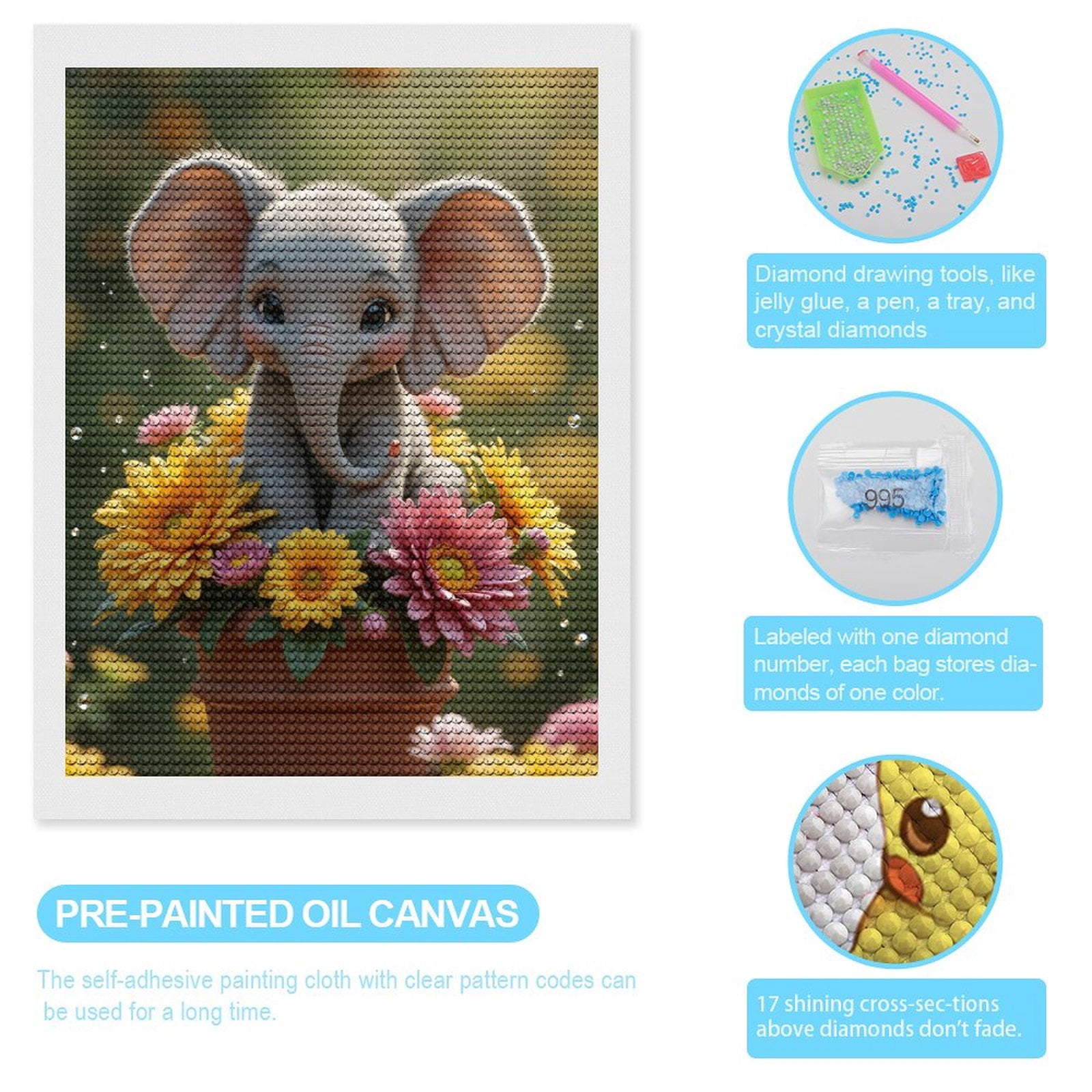 Diamond Art Kits for Adults, Elephant In Flower Pot 5D Diamond Painting Kits for Adults Beginners, DIY Full Drill Diamond Painting, Gem Art and Crafts 12x16