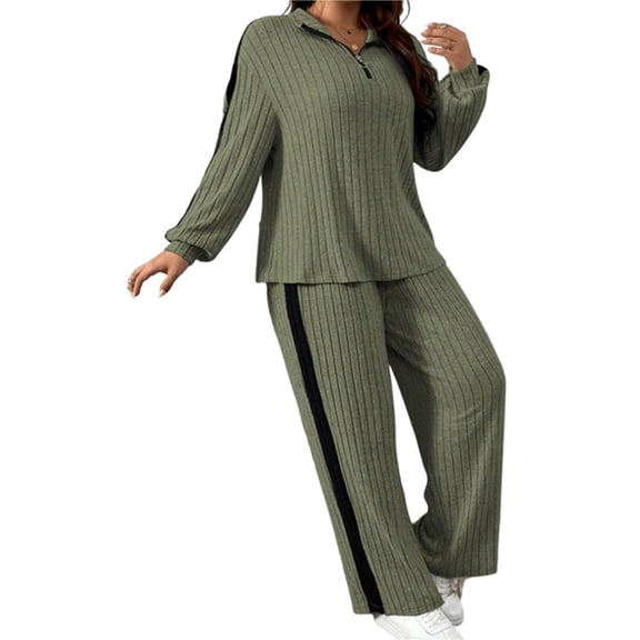 Women's 2 Piece Outfits Casual Ribbed Knit Lounge Sets Cozy Half Zip Sweatsuit Sets Wide Leg Jogger Tracksuits Green M