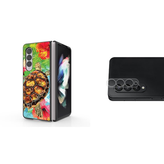 Accessory Bundle for Galaxy Z Fold 4: Slim Snap-On Case (Turtle Flowers), Rear Camera Glass Protector