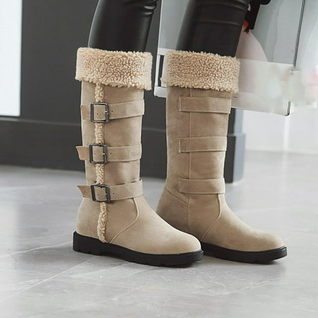 EGNMCR Knee High Boots Women's Splicing Retro Low Heel Round Boots Shoes