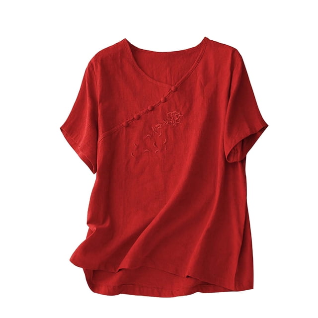 Top Casual Bordado de las Mujeres, Cuello en V Manga Corta Color Sólido Blusa de Verano para la Fiesta Y el Uso Diario, Toda la Temporada de la Moda Tee