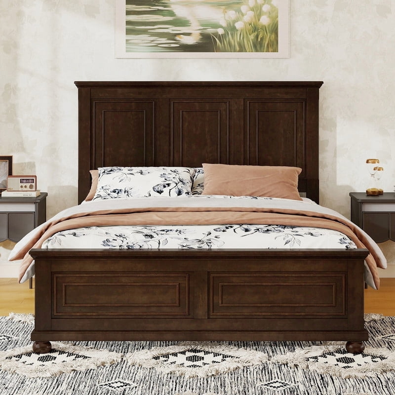 Vintage Style Queen Size Bed Frame with Tall Headboard & Ball-Shaped Legs, Wooden Platform Bed Frame with Charging Station