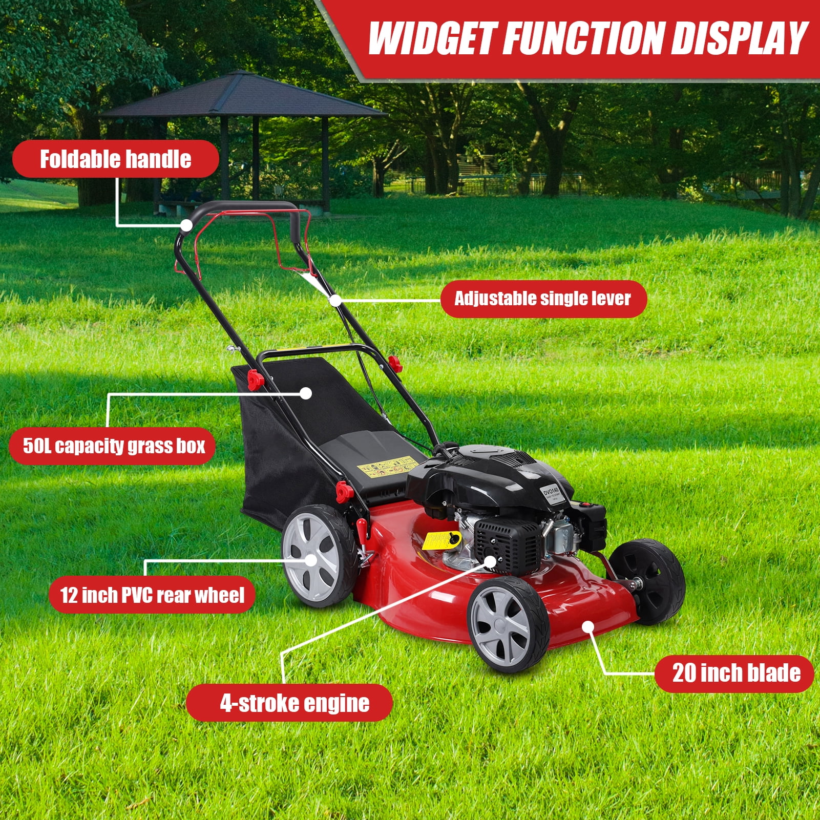 Thehsnt Lawn Mower, Self Propelled Lawn Mower, 141cc Gas Engine Lawn Mower, Push Lawn Mower with 50L Grass Tank, Big Wheels