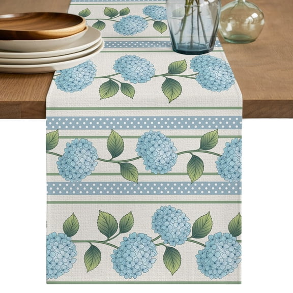 Table Runners 120 Inches Long Dress Scarves, Blue Hydrangea Flowers Farmhouse Coffee/Dining/Kitchen Table Decor Table Runner for Living Room, Farmhouse Country Floral Striped 13x120 Inch