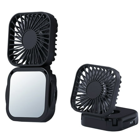 

Mini Desktop Fan Makeup Mirror Square Hanging Neck Folding Small Fan Handheld Portable Pocket USB Charging Black