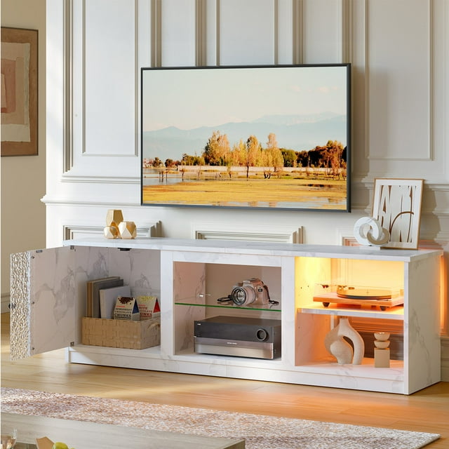 Pinmoco Meuble TV à DEL de 63 Pouces pour Télé de 70/55/65 Po, Console TV Blanche avec Armoire pour Salon, PS5