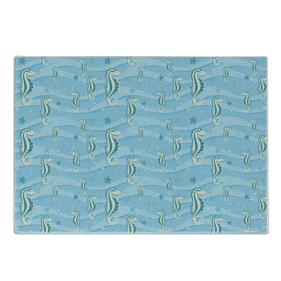 Aqua Cutting Board, Cartoon Style Abstract Waves Underwater Life Theme Sea Horse Starfishes, Decorative Tempered Glass Cutting and Serving Board, Small Size, Pale Blue Teal Eggshell, by Ambesonne