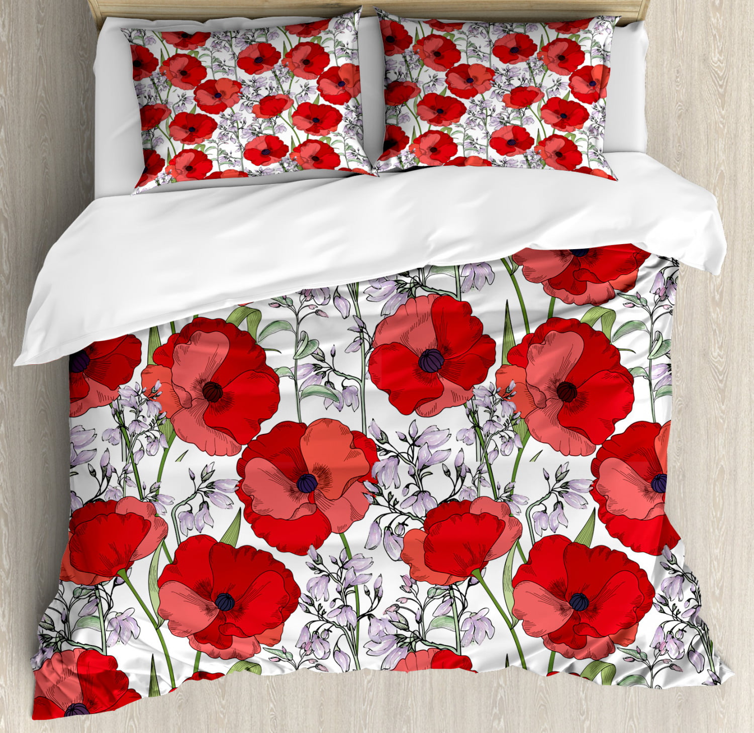 MEADOW POPPY DAISY RED KING SIZE COTTON BLEND REVERSIBLE DUVET COMFORTER COVER