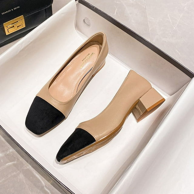 Colorblock block Single-layer Shoes Women‘s French Mid-heel New Spring Style Shallow Mouth Work Square Toe High Heel Pumps
