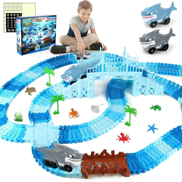 Juego de 264 pistas de carreras de tiburones para niños, juguetes mágicos que brillan en la oscuridad, 2 pistas de coches de tiburón, juego de pistas flexibles para bricolaje, regalo de cumpleaños par