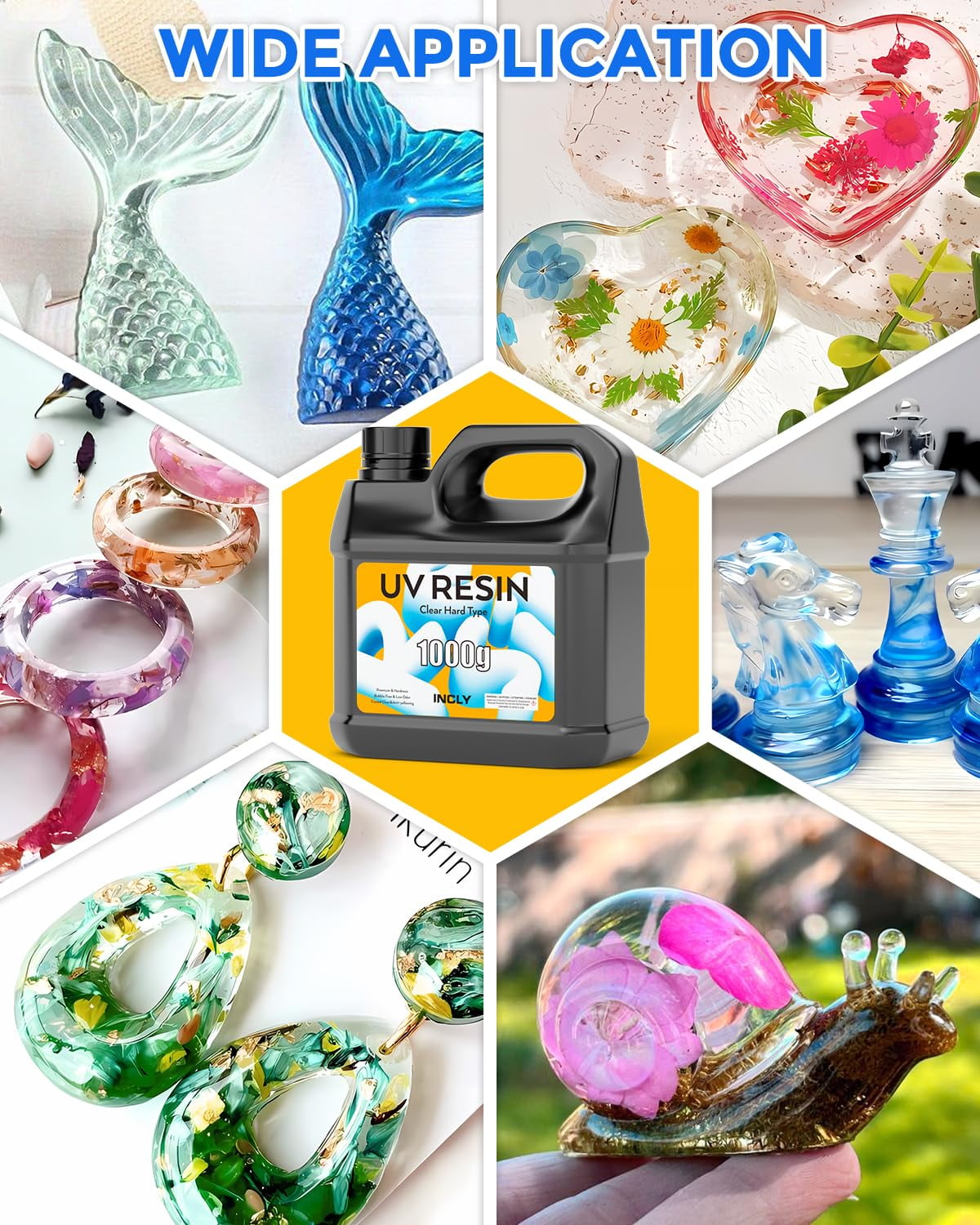 INCLY UV Resin 1000g, Upgrade Crystal Clear Resin UV, High Viscosity & Fast Curing Transparent Solar Cure Sunlight Activated Epoxy Resin for Jewelry Making Craft, Casting & Coating