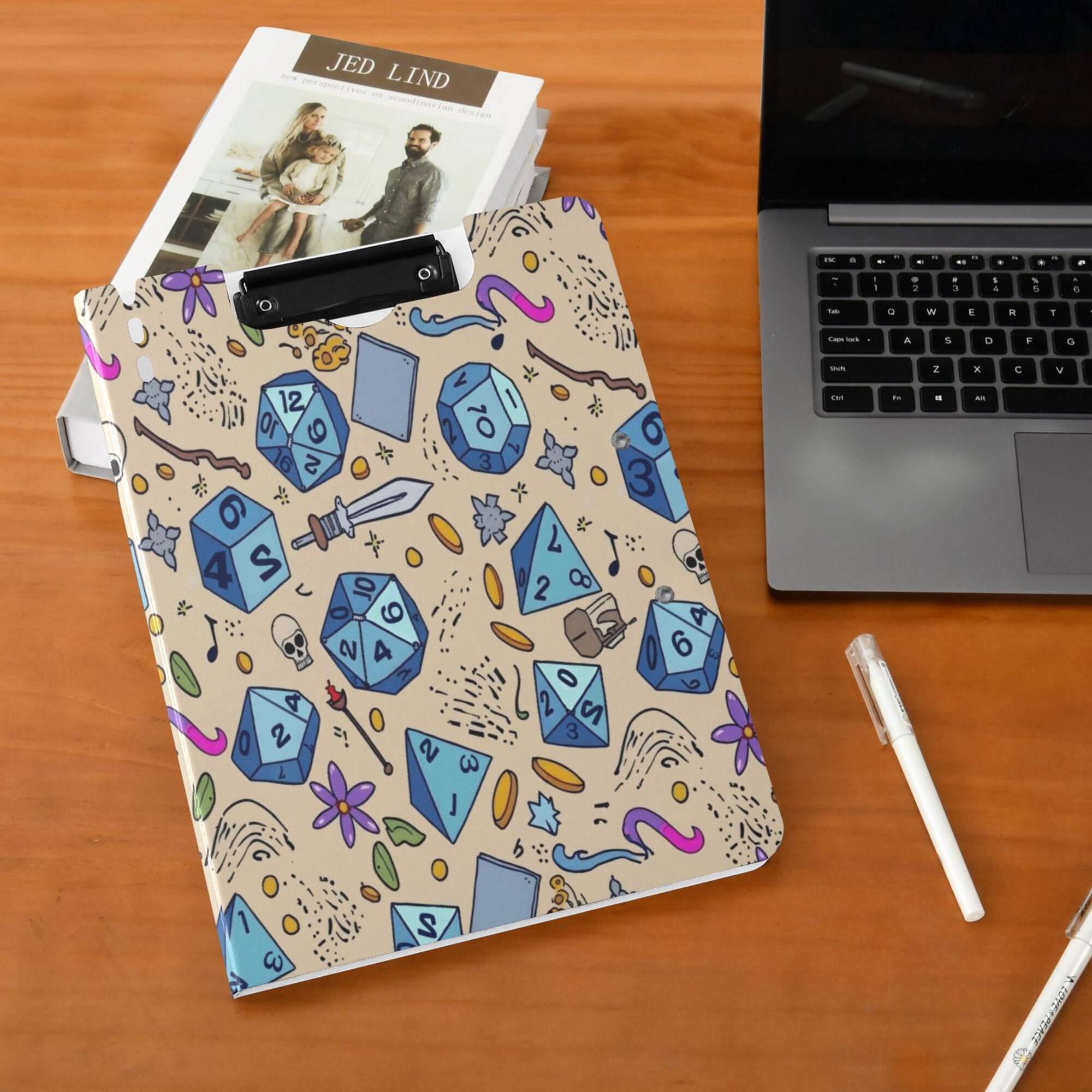 FORMRS A4 Clipboard Folder with Pen Holder Horizontal Foldable School Office Binder, Blue Dice Pattern