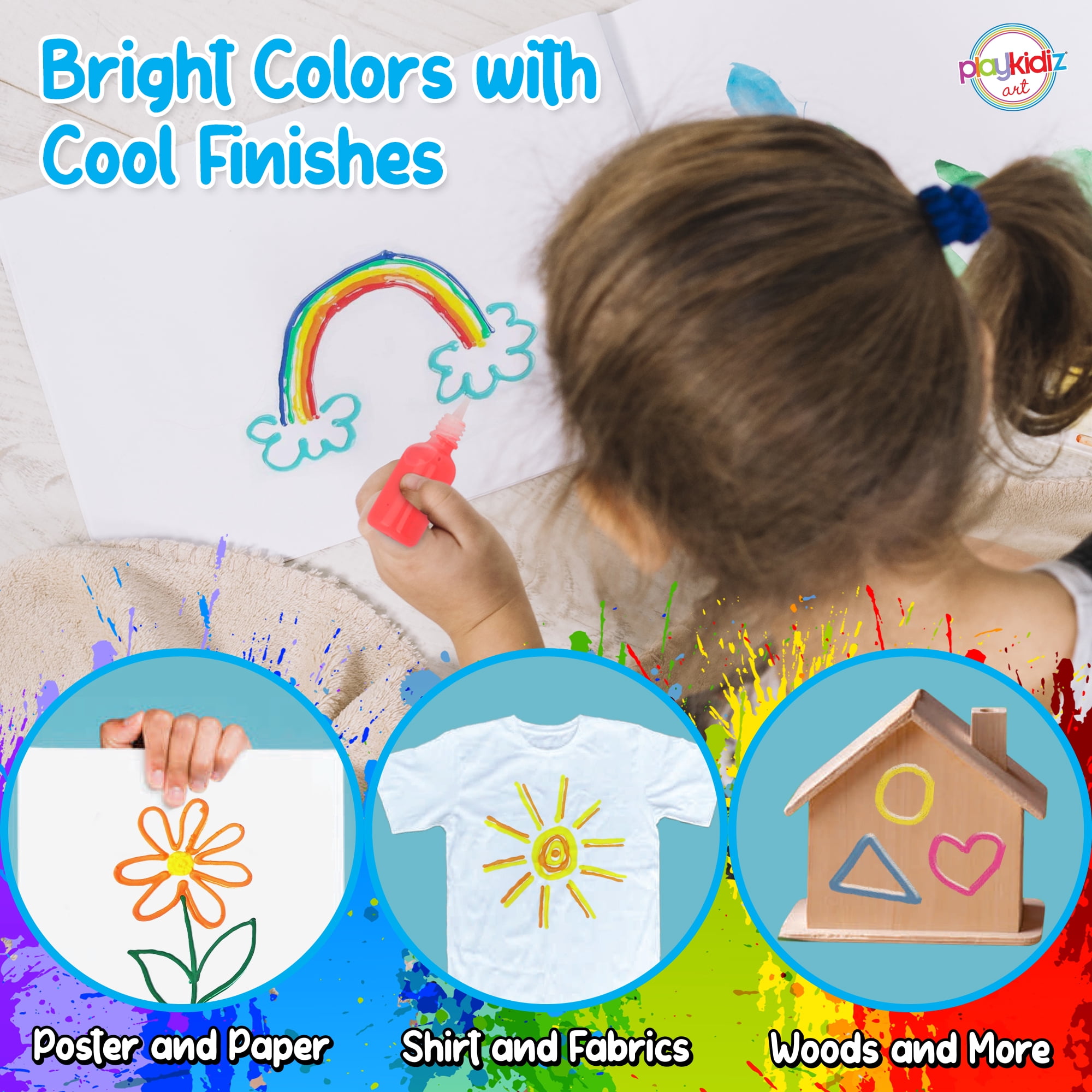 Playkidiz 3-D Art Neon Puff Paint For Kids, 12 Pack Color Pack Squeeze Paint, Non Toxic Puff Paint Set, Washable Fabric Paint, Classic Colors, Ages 3+.