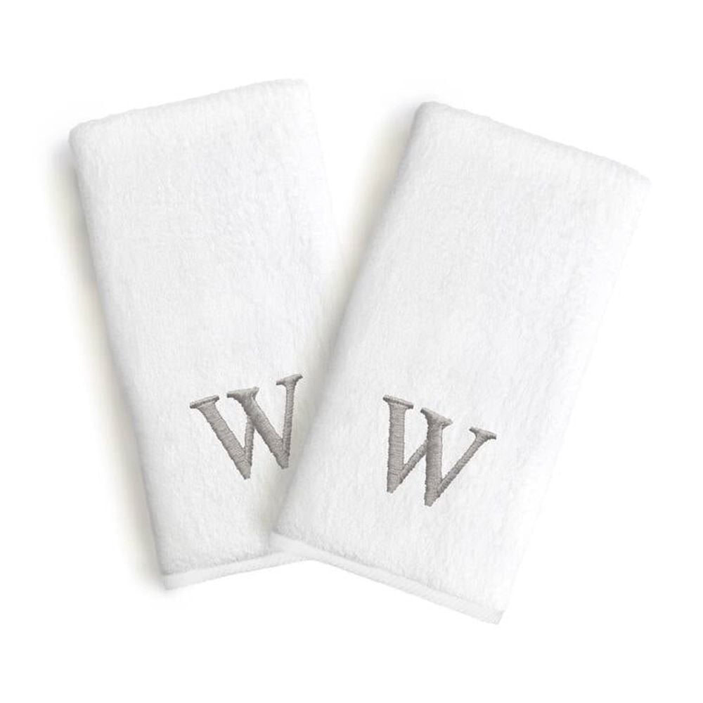 Authentic Hotel and Spa  2-piece White Turkish Cotton Hand Towels with Grey Block Monogrammed Initial White/H