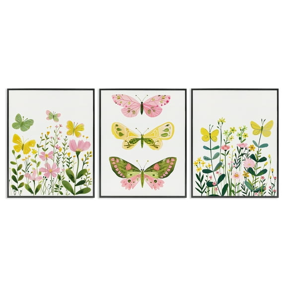 Stupell Industries Playful Butterflies and Florals Animals Painting Black Framed Art Print Wall Art, 11 x 14, Set of 3