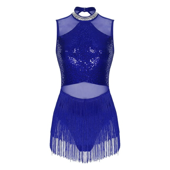 SiiRoh Womens Glittery Sequins Tassel Dance Dress for Latin Jazz Leotard Lyrical Dancewear Royal Blue S