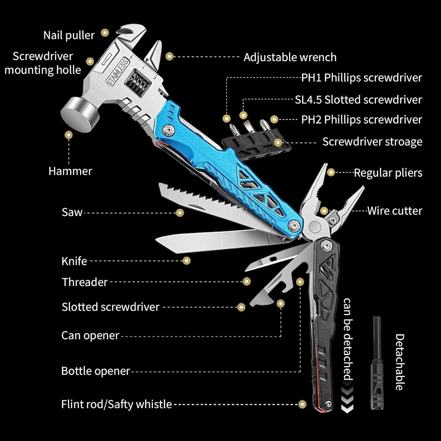 Outdoor Camping Multi-Function Wrench Hammer Emergency Car Combination Tool Hammer Stainless Steel Folding Nail Extractor Hammer & Pliers The perfect gift for men