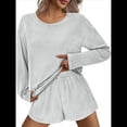 thumbnail image 3 of Conjuntos de Pijama para Mujer, Conjuntos de Dos Piezas A Rayas, Top de Larga y Pantalones Cortos con Abertura, Ropa de Dormir Estampada, Pijamas Cómodos. Gris XXL, 3 of 9