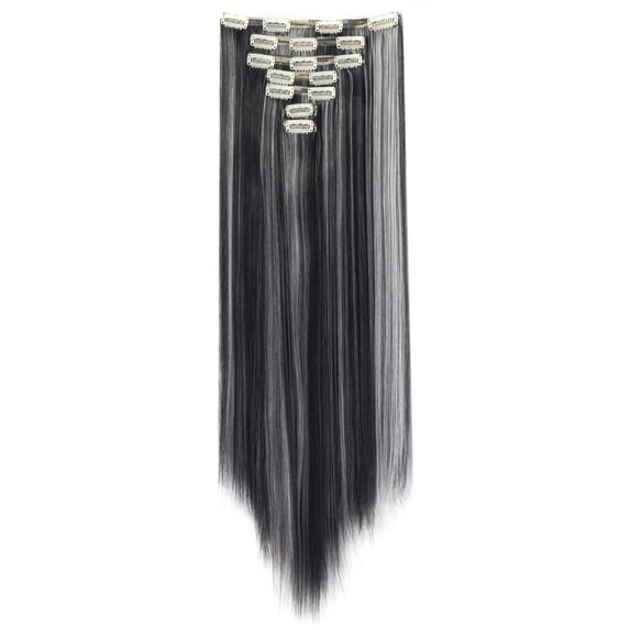 SAYFUT 23" Long Straight Full Head Clip in Synthetic Hair Extensions Double Weft 7 Pieces 16 Clips 160g Natural Black mixed Silver Grey