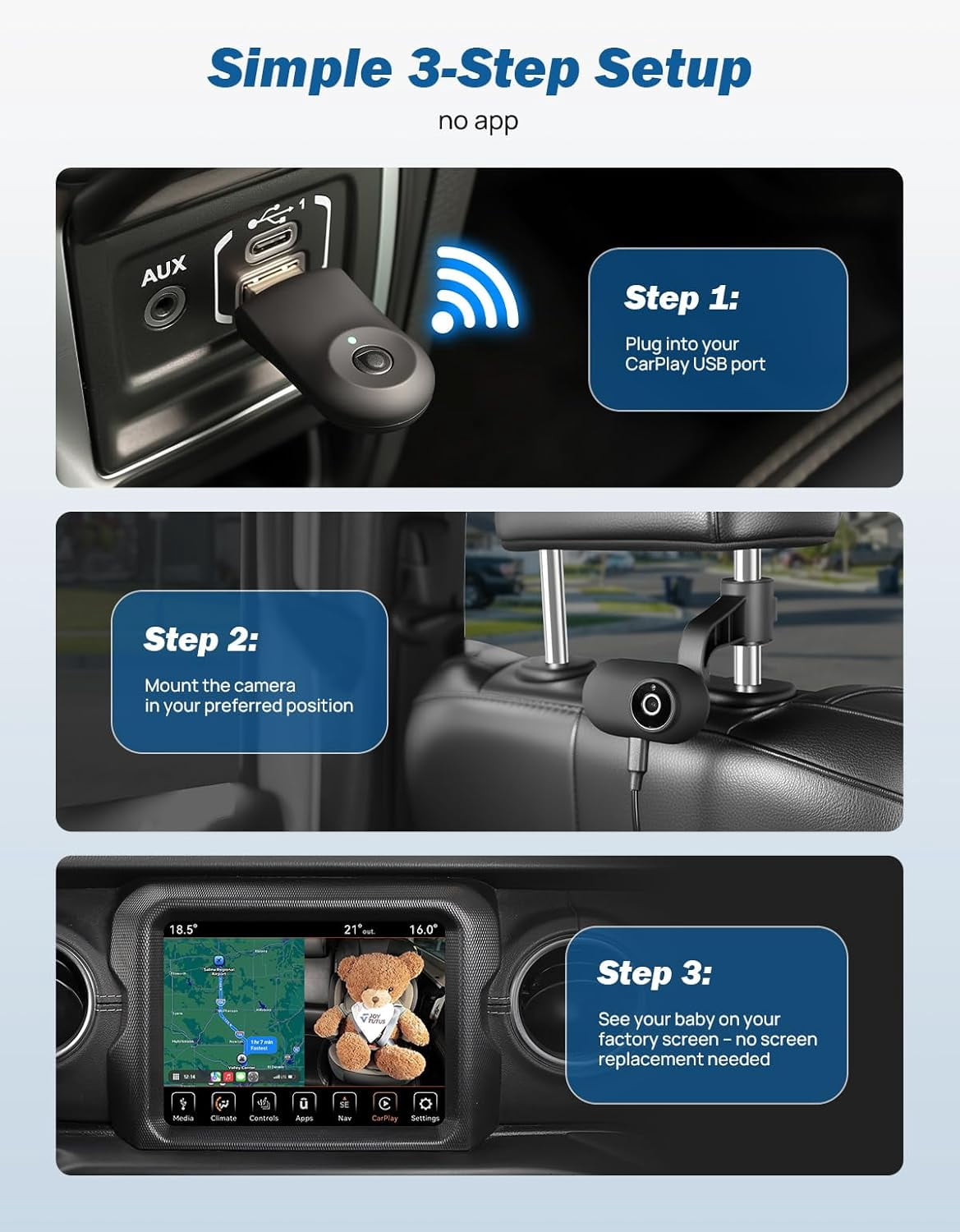 JOYTUTUS Baby Car Camera with Wireless CarPlay Adapter 1080P HD Rear Seat Monitor Display on Car Screen Backseat Camera for Kids 150°Wide