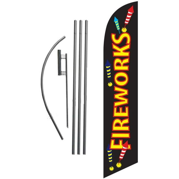 Fireworks Sale 4th of July Advertising Feather Banner Swooper Flag Sign with Flag Pole Kit and Ground Stake
