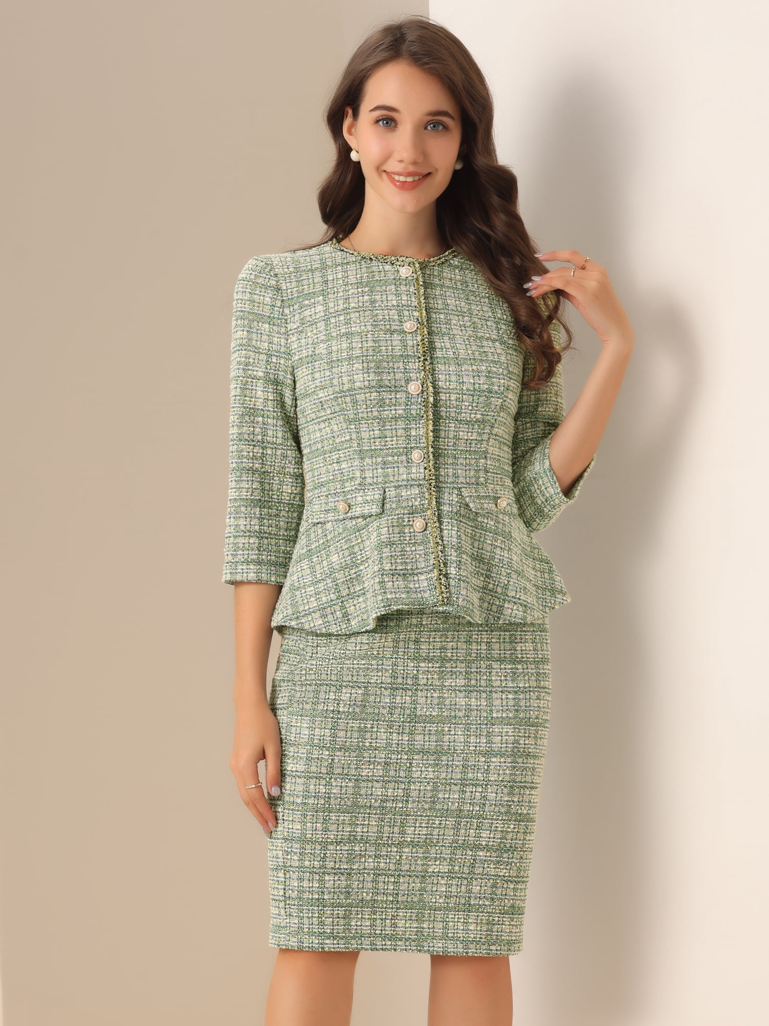 DARING DIVA 2Pcs Women's Suit Jacket Pencil Tweed Skirt Suit Set L Green