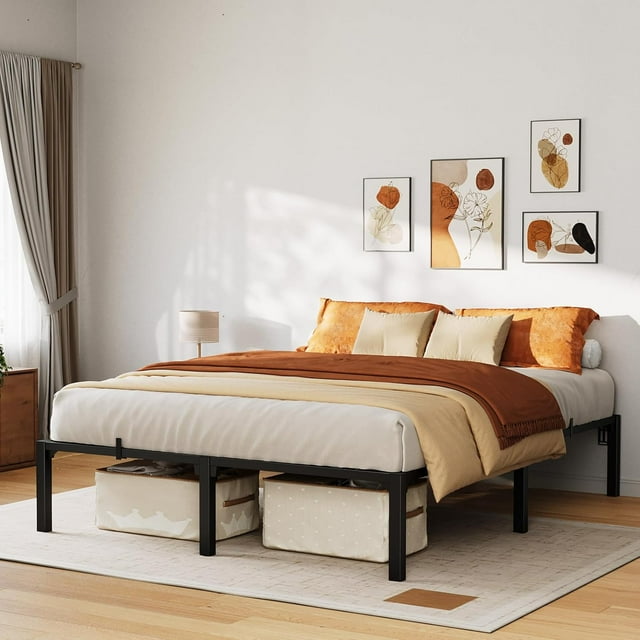 Queen Metal Platform Bed Frame, 14" High with Underbed Storage — Steel Slat Support, No Box Spring Required, Easy Assembly, Bed-in-a-Box