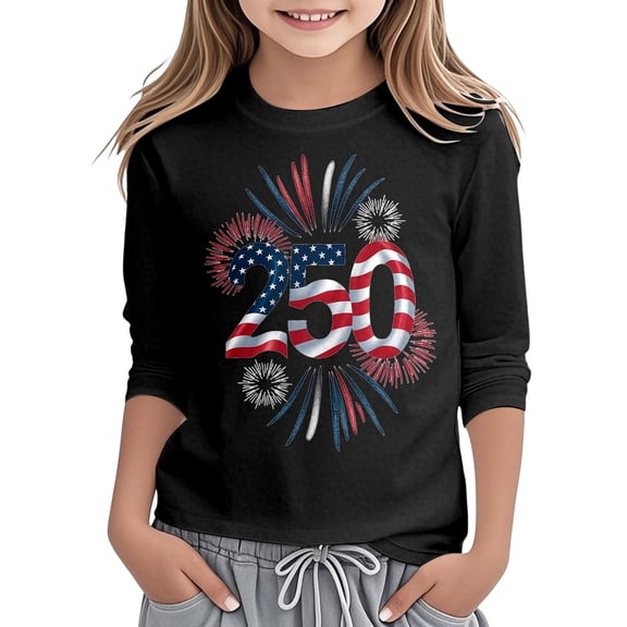 USA 250th Anniversary Shirt Girls Patriotic 4Th of July Graphic Print Three Quarter Sleeve Casual Tee Shirt for Toddler and Youth Kids Black 3 Years-4 Years