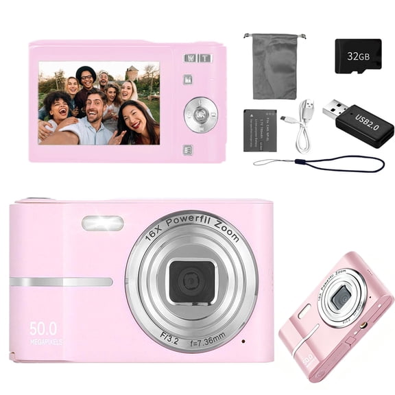 Soapow 1080P HD Digital Camera, 50MP Compact Vlog Camera Camcorder with 32GB TF Card, 16X Zoom Anti Shake, for Beginners, Boys, Girls, Students, Pink