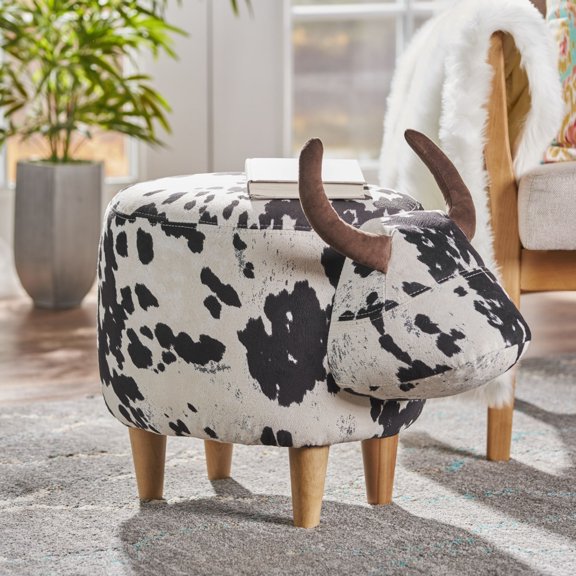 Animal Ottoman, Animal Shape Ottoman with Wood Legs, Multifunctional Cushioned Step Stool, Kids Furniture for Nursery, Bedroom, Playroom, and Living Room Decor,  Black & White Cow