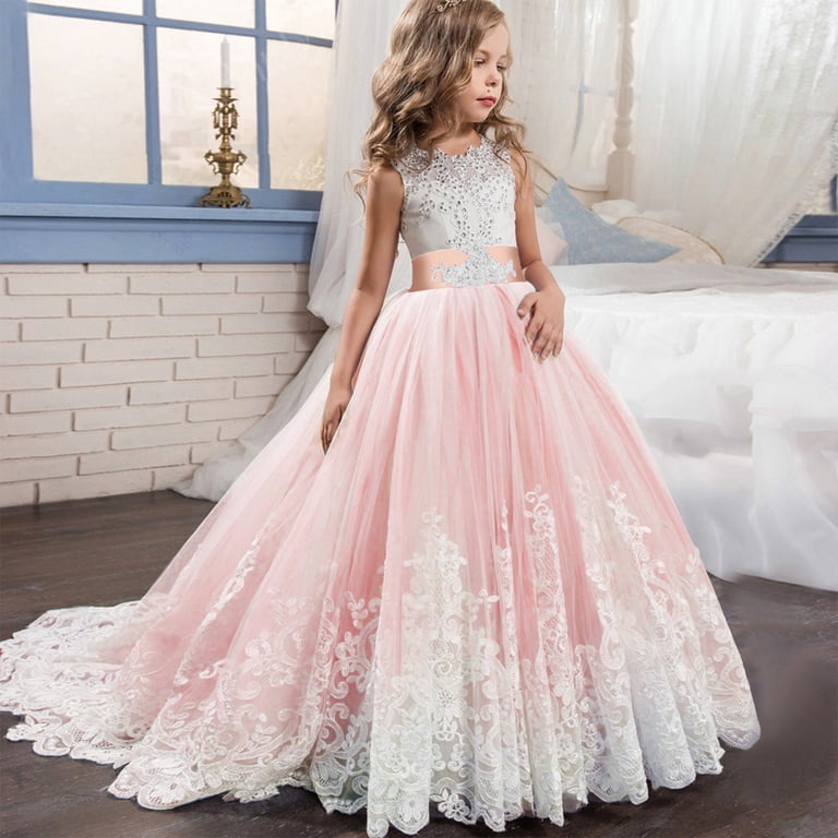 jxwkldstb Girls Sleeveless Embroidered Tulle Maxi Dress with Lace Overlay and Full Length Skirt for Formal Occasions Pageants Parties Weddings, Girl's