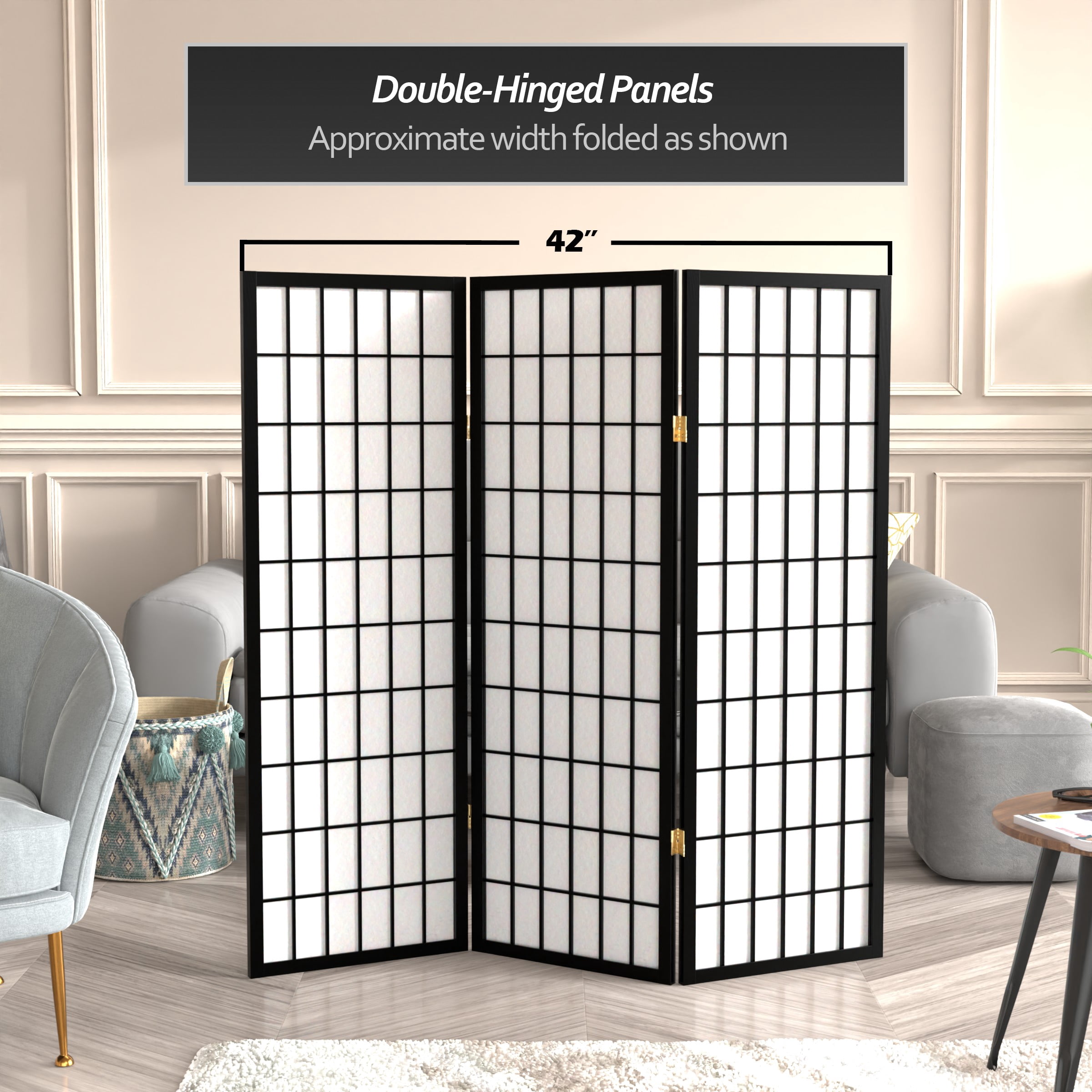 4 ft. Tall Window Pane Shoji Screen - Black - 3 Panels