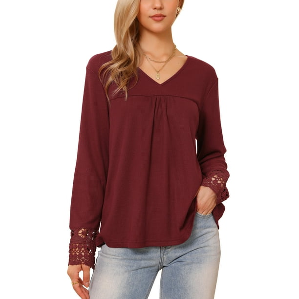 Blusa de manga larga con cuello en V INSPIRE CHIC para mujer, ajuste holgado, camisetas básicas casuales de otoño e invierno, color rojo vino