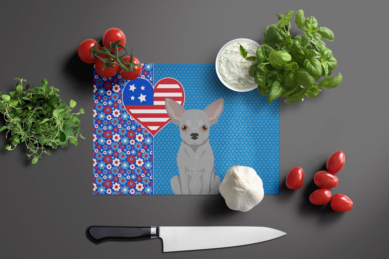 Silver Chihuahua Glass Cutting Board Large 12 in x 15 in