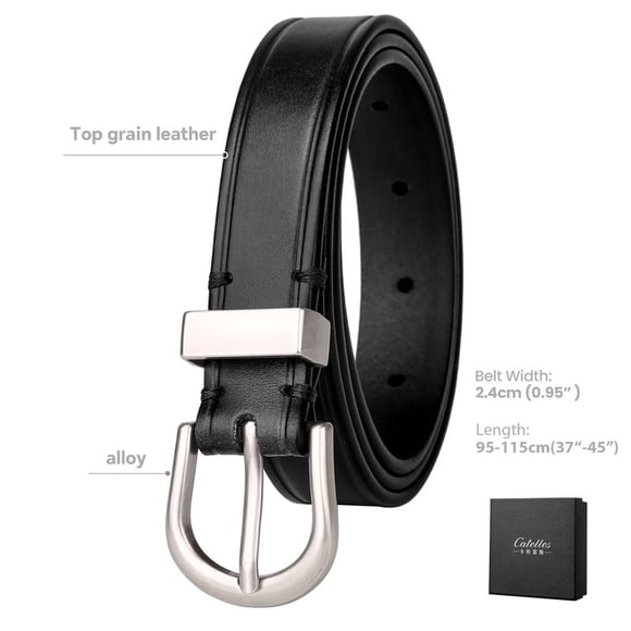 Catelles Women's Black Cowhide Leather Belt, Classic Silver Alloy Buckle, Adjustable Casual Belt, Suitable for Jeans, Pants and Dresses, Wear-Resistant and Non-deforming, Gift Box&Size waist 27-29"