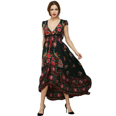 Back Sundress - Women V Neck Floral Boho Long Maxi Dress Evening Party Cocktail Summer Beach Sundress