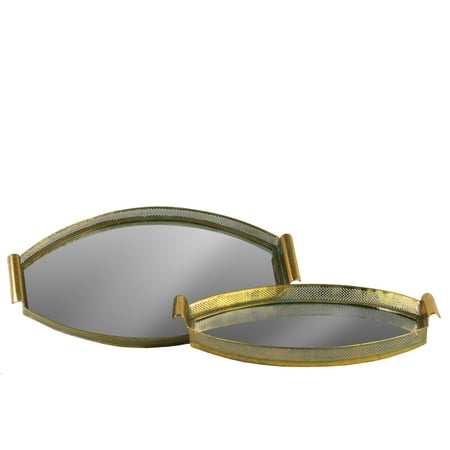 Oval Framed Mirror Metal Oval Tray with Pierced Metal Frame, Mirror Surface and Handle Set of Two Electroplated Finish Gold ()