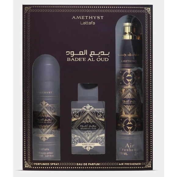 Set Lattafa Bade'E Al Oud Amethyst 3Pzs Fragancia 100Ml Edp Spray/ Desodorante Spray 200Ml / Air Freshener 300Ml Spray