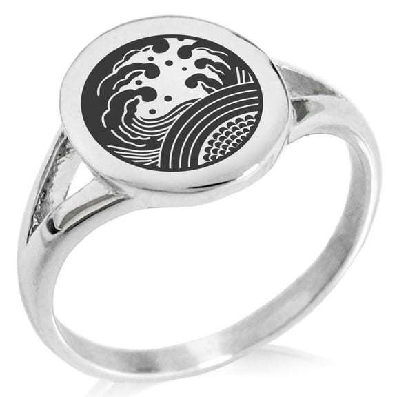 Stainless Steel Ocean Kamon Crest Minimalist Oval Top Polished Statement Signet Ring