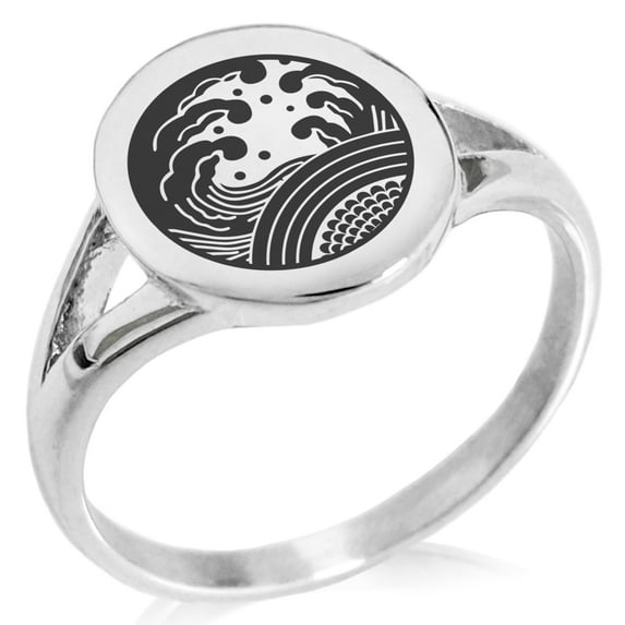 Stainless Steel Ocean Kamon Crest Minimalist Oval Top Polished Statement Signet Ring
