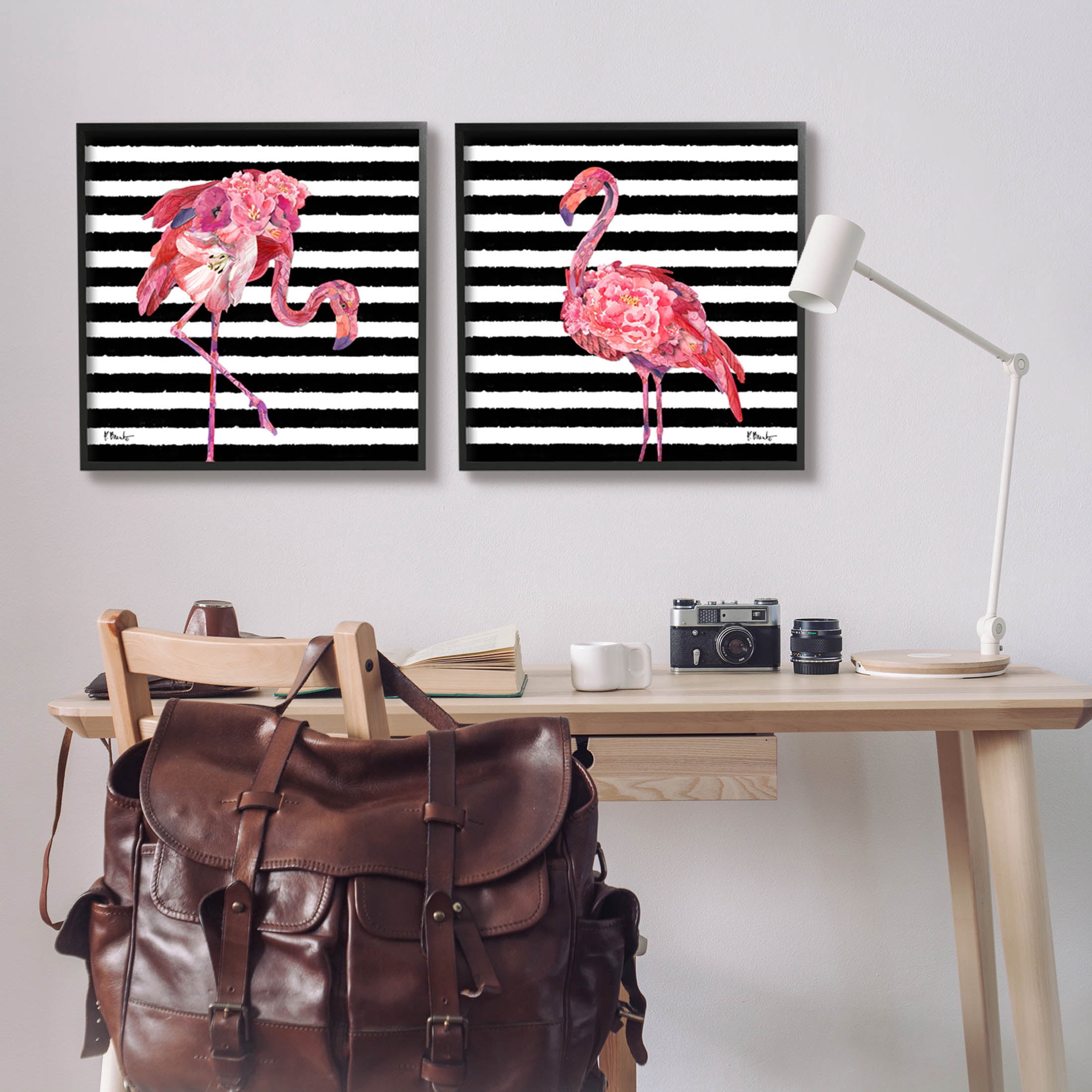 Bold Striped Flamingo Blossoms Animals & Insects Graphic Art Black Framed Art Print Wall Art, Set of 2